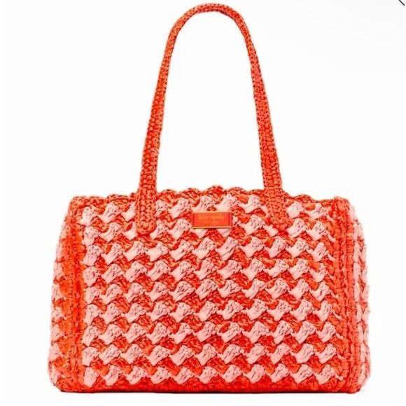 NWOT Kate Spade High Tide Striped Crochet Raffia Medium Tote - Picture 2 of 9